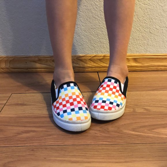 Little Girl Shoes Colorful Checkered Slip On - Picture 1 of 6